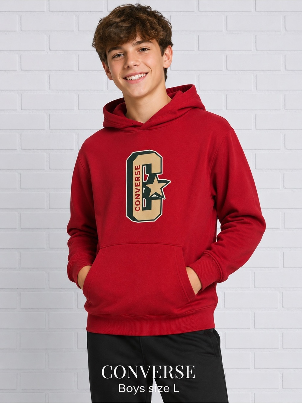 Converse Boys Red Graphic Hoodie Sweatshirt Size L (12-13 Yrs) Cozy Fleece